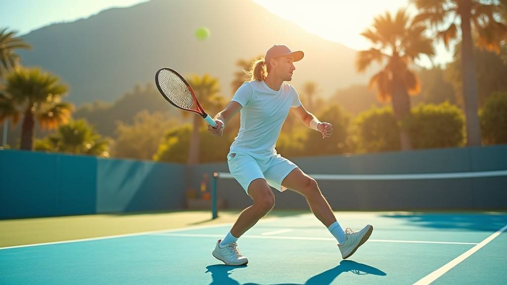 Joueur de padel en plein effort physique sur un terrain extérieur, conditionnement sportif